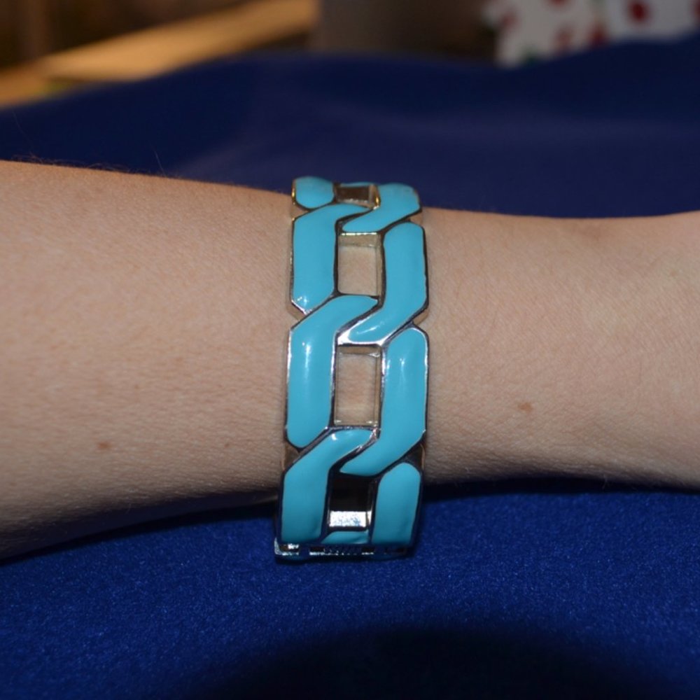 Bracelet Metal Blue Laminar Chain Pattern Snap Women 6.5"